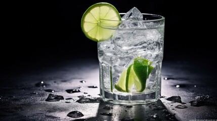 Fototapete - Classic gin tonic cocktail with dry gin tonic lime ice bar tools on a gray table with space for text