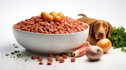 Wall Mural - BARF dog diet with raw meat eggs and vegetables in bowl on white background with dog paws