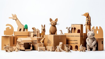 Poster - Assorted homemade cardboard toys on a white backdrop