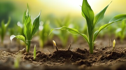 Fototapete - Corn field with young plants on fertile soil promoting healthy eating and organic farming