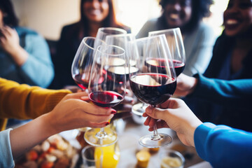 Wall Mural - Group of friends toasting with red wine glasses at a festive lunch party