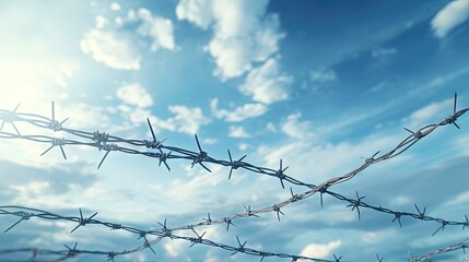 Poster - Blue cloudy sky background symbolizing freedom and imprisonment with barbed wire