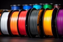 Colorful Thread Spools For 3D Printing. Coils Of Different Colored Filament For 3D Printer. ABS Plastic Wire For Printer. Generative AI