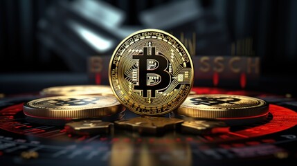 Poster - Chart displaying bitcoin quotes and a risk sign represents the business tech concept
