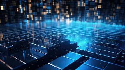 Big data and artificial intelligence depicted with stacked metallic blue blocks Shallow depth of field enhances the 3D illustration
