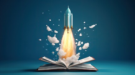 Poster - 3D rendering of a rocket ship launched from a book pile on a subtle blue background representing the concept of entrepreneurship and education