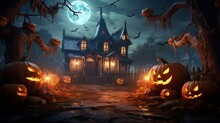 Eerie House Adorned With Pumpkins On Halloween