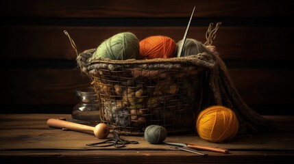 Poster - A soft focus photo of vintage knitting supplies in an old wire basket on a wooden stool