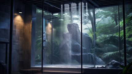Aufkleber - Bathroom shower with flow of water and drops on clear glass door