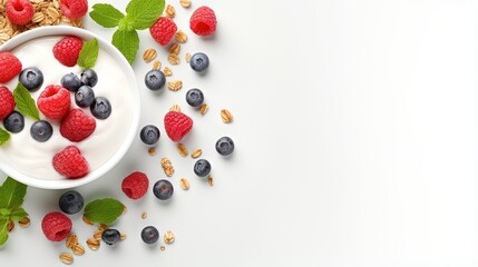 Greek yogurt granola with fresh berries on white table top view copy space Healthy food snack or breakfast