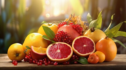 Poster - Assorted fresh fruits on a healthy background Fruit salad for a nutritious breakfast pomegranate persimmon tangerine banana lemon