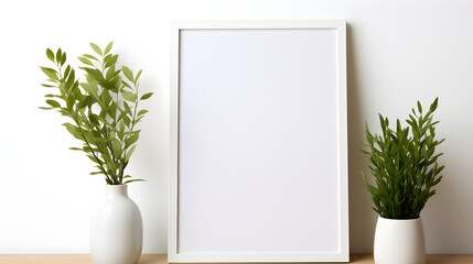 Mockup white poster frame close up on white wall, minimalistic. Modern Room interior, Generative AI