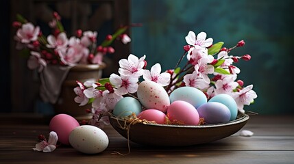 Poster - Festive Easter display with eggs blossoms and rustic vibes