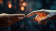 A human finger gently touches a robot's metallic finger, symbolizing harmonious coexistence of humans and AI technology. Blurry technology background.