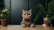 Confused Exotic Shorthair Cat sitting by a plant giving grumpy expressions staring beyond the camera