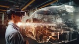 Fototapeta  - AR glasses technology and engineering marketing concept AR glasses with repair service application and 3D rendering of energy block 360 degree view and blurred car engine room background