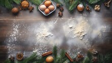 Christmas Baking Ingredients With Fir Tree Decoration Flour Brown Sugar Eggs Spices Top View Bakery Background