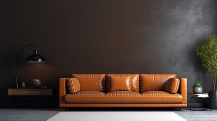 Wall Mural - Dark leather sofa and minimal decoration in living room on two tone wall 3D rendering