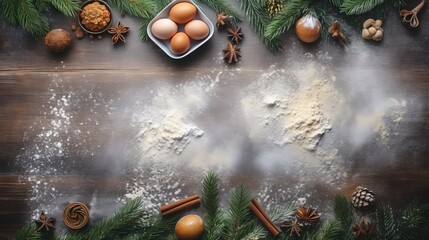 Aufkleber - Christmas baking ingredients with fir tree decoration Flour brown sugar eggs spices Top view bakery background