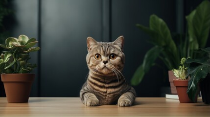 Poster - Confused Exotic Shorthair Cat sitting by a plant giving grumpy expressions staring beyond the camera