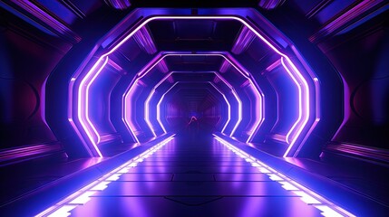Aufkleber - Illustration of futuristic spaceship corridor with neon glow on blue and purple background for advertising showroom technology and modern interior