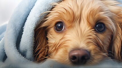  Dog with fur wearing a blanket after being bathed pet grooming advertisement