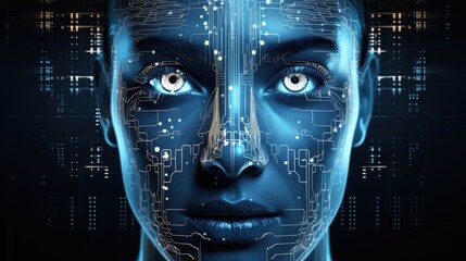 Poster - AI generated 3D human face illustrating big data or cyber security concept