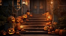 Autumn themed stairs with spooky pumpkin decorations at a house entrance during Halloween