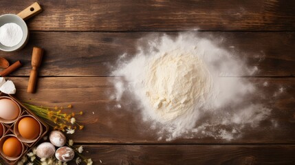 Aufkleber - Cake being baked in a rustic rural kitchen with dough and rolling pin on vintage wood table