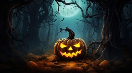 Poster - Halloween themed spooky design featuring a pumpkin moon and forest with copyspace