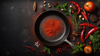 Leinwandbilder - Ingredients needed empty cast iron skillet pepper and spices Food theme with space for text