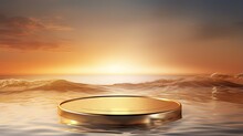 3D Illustration Of Elegant Cosmetic Beauty Products On A Luxurious Gold Water Surface At Sunset
