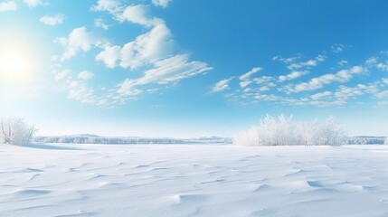 Poster - Bright snowy winter landscape with empty field space for display against a light blue icy sky