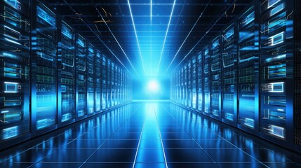 Poster - Blue lit server room in a datacenter represents the business concept of modern web and internet technology big data storage and cloud computing