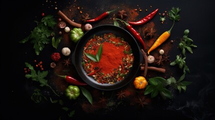 Leinwandbilder - Ingredients needed empty cast iron skillet pepper and spices Food theme with space for text