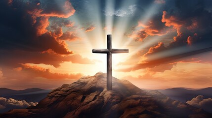 Poster - Christian cross symbolizing Easter and Jesus Christ s resurrection set against a dramatic sunset with dark clouds sunbeams and colorful mountains