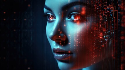 Poster - AI generated 3D human face illustrating big data or cyber security concept
