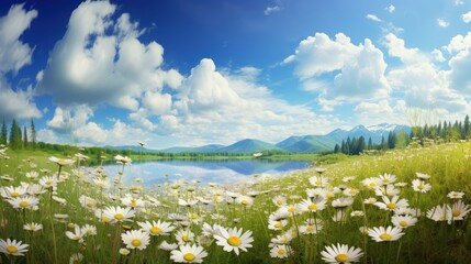 Wall Mural - Colorful flower meadow with daisies against blue sky