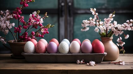 Poster - Festive Easter display with eggs blossoms and rustic vibes