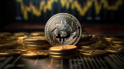 Poster - Chart displaying bitcoin quotes and a risk sign represents the business tech concept