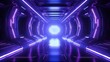 © vxnaghiyev - Illustration of futuristic spaceship corridor with neon glow on blue and purple background for advertising showroom technology and modern interior