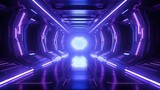 Fototapeta Perspektywa 3d - Illustration of futuristic spaceship corridor with neon glow on blue and purple background for advertising showroom technology and modern interior