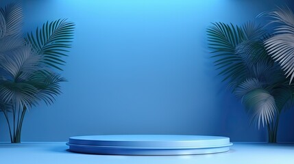 Poster - Blurred blue background with window shadows and palm leaves Empty studio with copy space Summer concert atmosphere