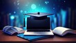 © vxnaghiyev - Digital online education with a laptop serving as a book screen web page with books and a graduation hat offers e learning training workshops courses and cloud technology at home