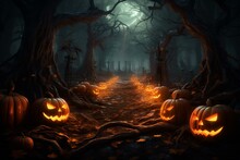 A Spooky Forest At Dusk Filled With Jack-o-lantern Carved Halloween Pumpkins Among Fallen Autumnal Leaves. Generative AI