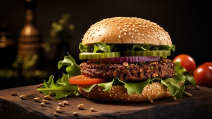 Leinwandbilder - Delicious vegan lentil burger on rustic background