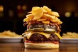 beefy burger topped with two layers of cheese, served alongside crispy potato chips. Generative AI
