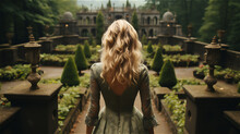 A Blonde Girl With Curly Hair On A Green Retro Dress In A Bush Garden, Back View, Illustration In Pastel Colors, Created With Generative AI Technology.