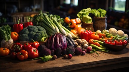 Wall Mural - Organic vegetables and fruits displayed on a rustic wooden table.