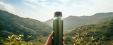 Fototapeta  - Reusable thermos in hand against forest mountains. thermo water bottle in hiking time.